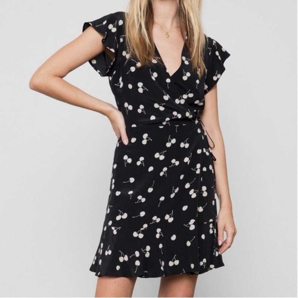 Rails Leanne Cherry Black Cream Short Sleeve Mini Wrap Dress made with 100% silk